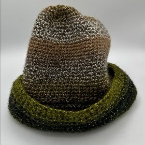 Knit beanie in horizontally striped shades of green and brown with gold metallic